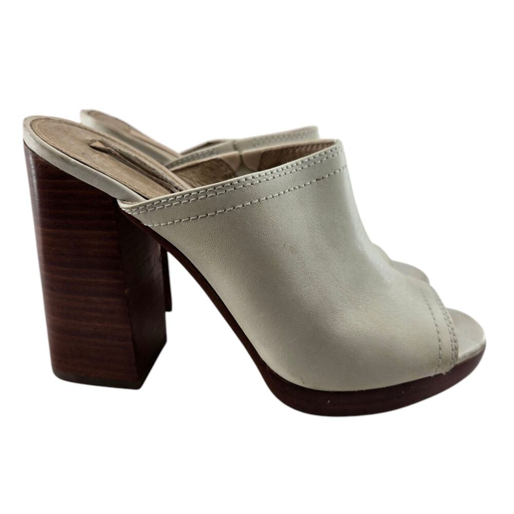 Frye Karissa Heeled Mules Womens 7.5 M Ivory Leather Chunky High‎ Heel Peep Toe